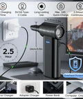 Electric Air Duster Turbo 150000 RPM with fast charging setup, showing Type-C charging, mini blower on desk.