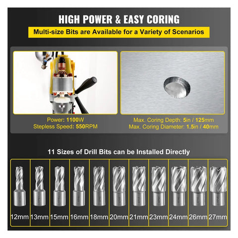 Heavy Duty Magnetic Drill Press 1200W Electric Bench Drilling Machine For Steel Structures showing drill bits and specifications.