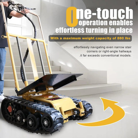 Stair Climbing Dolly Motorized Hand Truck With 880 Lbs Capacity 850W Power 48V Battery Removable Lithium Battery Built For Real Jobs Stair And Floor Lifts 360 Degree Turns Foldable Design For Lifting Heavy Furniture in use on stairs