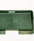 Top view of green commercial quality golf ball tray for practice mats high impact plastic flange sits under mat to keep tray in place