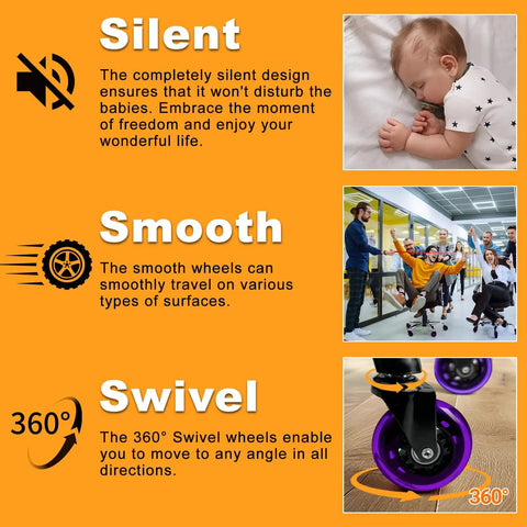 Office Chair Wheels Replacement Set Of 5 3 Inch Rubber Casters In Use, Showing Silent, Smooth, Swivel Features On Various Surfaces