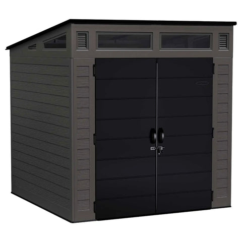 Modern Outdoor Storage Shed With Floor Included, 200 Cu Ft Weatherproof Resin Garden Shed For Mower, Bikes And Tools, Patio And Yard, Lockable And Durable, No Fuss Assembly, Low Maintenance Backyard Storage Solution, dark doors, weatherproof design