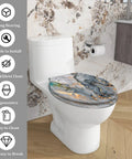 Elongated Toilet Seat for Home Replacement with a marble design, dimensions 14.5" x 18.5", fits standard toilets, easy to install.