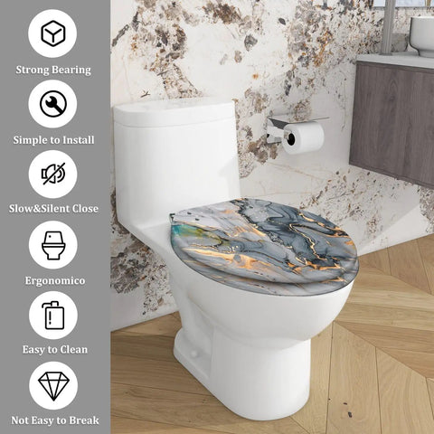 Elongated Toilet Seat for Home Replacement with a marble design, dimensions 14.5" x 18.5", fits standard toilets, easy to install.