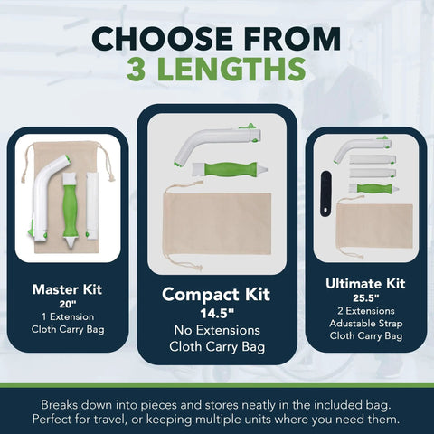 Three Multipurpose Toilet Wiping Aid kits in 14.5, 20, and 25.5 inches with carrying bags for elderly, disabled, and post-surgery use.