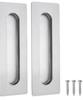 Dead Simple Seven Inch Recessed Pocket Door Pull With Rock Solid Rust Proof Brushed Stainless Steel Slide Grip Handle for Easy Glide Barn Doors and Tight Cabinet Installations, featuring two sleek handles and screws.
