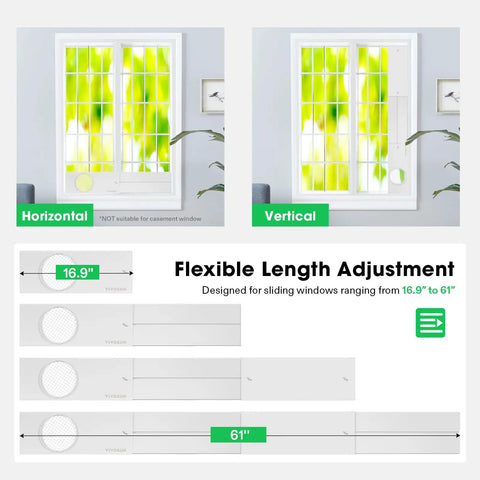 All In One Window Vent Kit For Portable ACs And Dryers, Adjustable 4 To 6 Inch Ducting With 5.9 Inch Hose; horizontal and vertical installation in sliding windows.