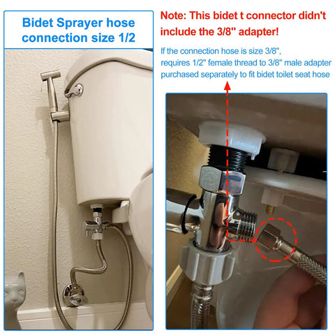 Brass Bidet T Adapter With Shut Off Valve, 3 Way Tee Connector for Toilet Bidet Attachment installed on toilet tank