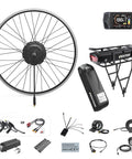 48V 500W Ebike Conversion Kit with front or rear hub motor for 20, 26, or 700C wheels, includes optional display and battery components.