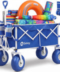 Heavy Duty Beach Wagon With 9 Inch Sand Proof Wheels, 600 Pound Capacity And 200 Liter Oversized Foldable Cart filled with beach gear