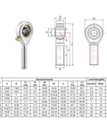 Left Hand Rod End Bearings 3/16 Inch Bore Pre Lubricated With 10-32 Male Thread, 2 Pack, Spherical Rod End For 10 Degree Misalignment, 3.4KN Dynamic Load Capacity, 45 Steel Body; side view and dimensions chart