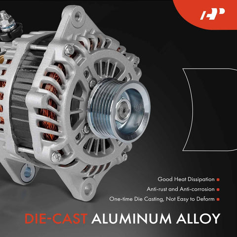 130 Amp 12V Alternator For Nissan Altima 2011 2018 V6 3.5L Maxima 2011 2014 2016 2018 Murano 2017 2018 Power Up Your Ride With 7 Groove Pulley Clockwise Rotation Drop In Replacement To Meet 11557N 2104007 23100JA11B 2310MJA11BRW Specs close-up front view