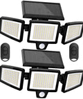 Solar Powered Outdoor Lights With Remote Control No Brainer Bright, 210 LED Flood Light Delivers 2500 Lumens shown with remote