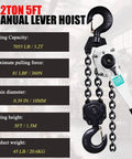 Manual Chain Hoist With Dual Heavy Duty Hooks For Garages Warehouses Auto Shops And Heavy Lifting Equipment 3.2 Ton Capacity 5 Feet Lift