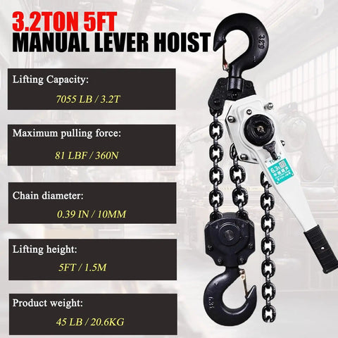 Manual Chain Hoist With Dual Heavy Duty Hooks For Garages Warehouses Auto Shops And Heavy Lifting Equipment 3.2 Ton Capacity 5 Feet Lift