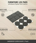 Image of Self Adhesive Black Polyester Furniture Leg Pads for Hardwood Floors Protection in square and round shapes on wooden floor.