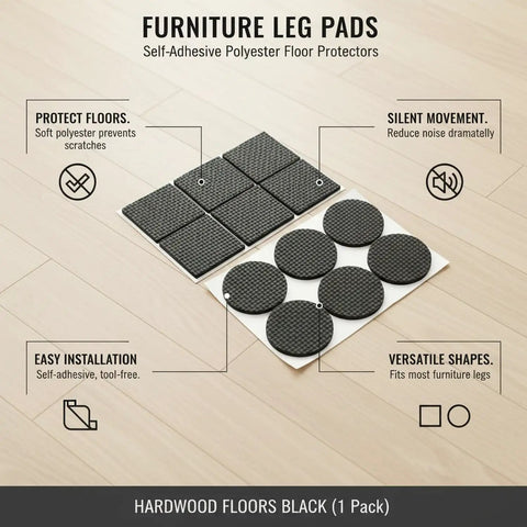 Image of Self Adhesive Black Polyester Furniture Leg Pads for Hardwood Floors Protection in square and round shapes on wooden floor.