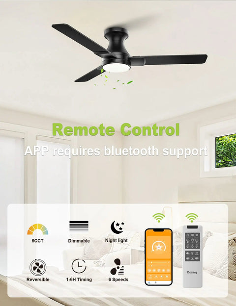 42 Inch Ceiling Fan With Lights 3 Blades Low Profile Flush Mount Black Finish Dope Remote And App Control in a bedroom