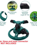 Automatic 360 Degree Rotating Lawn Sprinkler with two adjustable spray modes, 30 or 90 degree angles, made of durable ABS plastic
