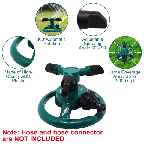 Automatic 360 Degree Rotating Lawn Sprinkler with two adjustable spray modes, 30 or 90 degree angles, made of durable ABS plastic