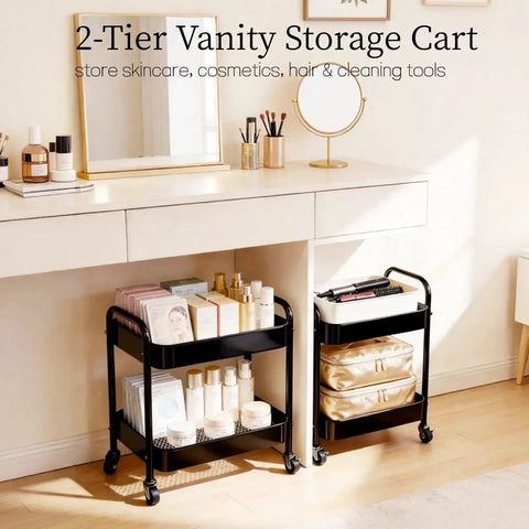 Two Tier Metal Rolling Utility Cart With Wheels For Under Desk Storage And Home Office Organization positioned under vanity desk