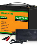 Eco-Worthy lithium battery with 4A charger, labeled 12.8V 50Ah LiFePO4, suitable for boat trolling motors.