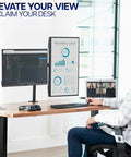 Rock Solid Dual Monitor Desk Mount for 13 to 30 inch screens up to 22 lbs each, heavy duty steel arm with C clamp installed on desk.