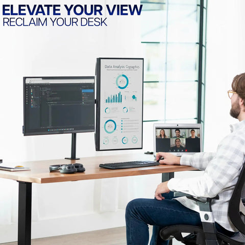 Rock Solid Dual Monitor Desk Mount for 13 to 30 inch screens up to 22 lbs each, heavy duty steel arm with C clamp installed on desk.