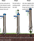 Step-by-step guide showing a semi automatic garden transplanter seedling tool with single handle no bending required in use.
