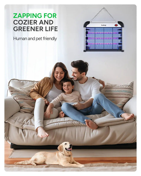 Family sitting on a couch with Indoor Bug Zapper With 3 Long Life LED Bulbs Energy Saving Mosquito Killer That Attracts With Dual Wavelength LEDs High Voltage Electric Fly Trap Fly Killer For Home Quiet Powerful Pest Zapper MA009 mounted on the wall.