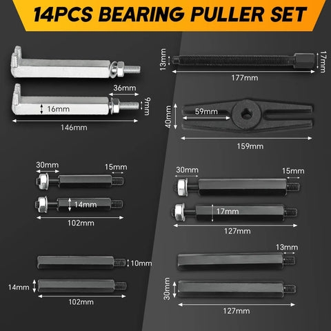 Heavy Duty Bearing Separator Puller Set 5 Ton with 2 Inch and 3 Inch Jaws showing 14pcs components with measurements