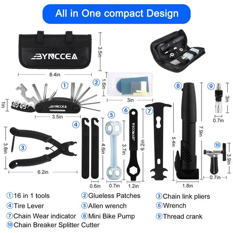 All In One Bicycle Tire Repair Kit With Portable Pump Patch Kit Levers Wrench Chain Tool And 16 In 1 Multi Tool and accessories