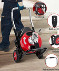 Heavy Duty Auto Feed Electric Drain Snake with 100 foot cable and retractable handle, moving upstairs for plumbing jobs.