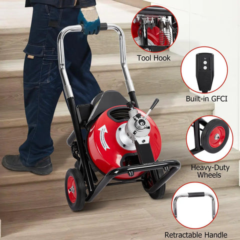 Knock Out Stubborn Drain Clogs Fast With This Hustle Ready 370W Auto Feed Sewer Snake Auger with tool hook and heavy-duty wheels.