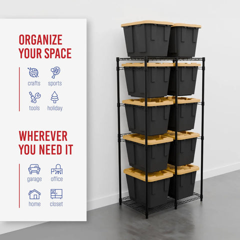 Heavy Duty Five Tier Steel Storage Rack With Ten Twelve Gallon Totes Black Clutter Buster Floor Saver Organizer For Garage Home Game Changer Setup For Everyday Use