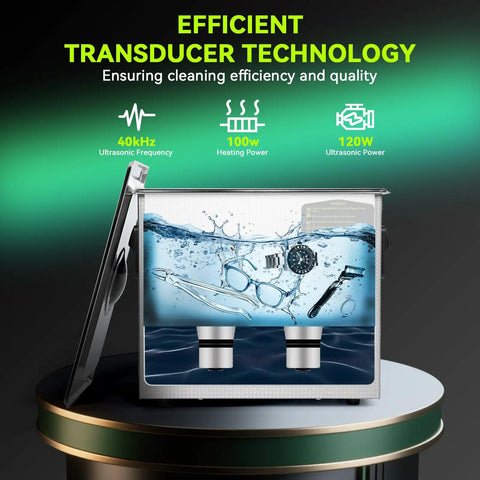 Workhorse Commercial Ultrasonic Cleaner With Heating And Degas Mode Delivers quiet efficiency, cleaning eyeglasses and small tools in water.