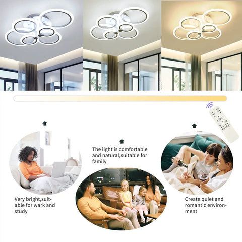 Six Ring LED Ceiling Light With Remote Dimmable 3000K 4000K 6500K Adjustable shown in various room settings