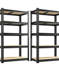 Two Pack Beefy 5 Tier Storage Shelves For Garage And Home, Industrial Grade Steel Shelving With Up To 2000 Lbs Per Shelf, 11.8 Inch Deep, 27.6 Inch Wide, 60 Inch High, Easy Assembly, Ideal For Workshop, Pantry, Basement, Closet. Two black steel 5-tier storage shelves