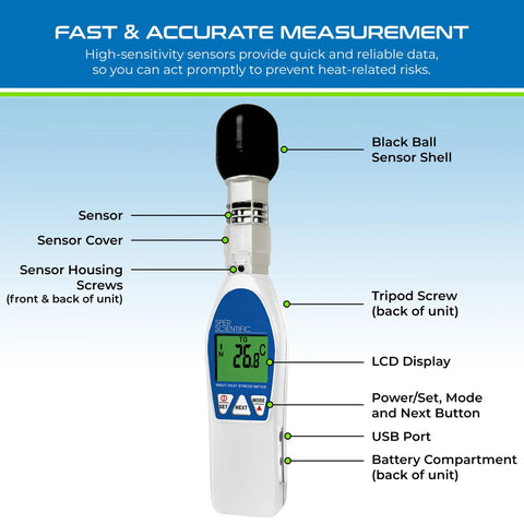 WBGT Heat Stress Meter With Dry Bulb, Wet Bulb, And Globe Temperature For Accurate Readouts In Workplace, sports, And Outdoor Activities With Large LCD Display And Fast Pro Grade Sensing.