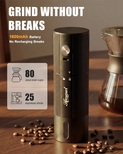 Upgraded High Speed Electric Coffee Grinder With Heavy Duty Stainless Steel Burrs For Quick Perks And Smooth Pour Over Grinds In A Durable Matte Black Build Made For Hustle Ready Mornings on a table with coffee beans.