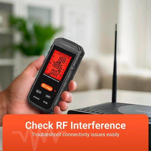 3 In 1 EMF Meter Detector For Electric Field, Magnetic Field, And RF Radiation, Handheld Safety Gear For Home, Office, And DIY Audits For Better Health And Safety Insights. Handheld in use near router
