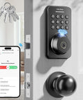 Keyless Entry Door Lock With Handle Set Built In WiFi Fingerprint App Control Doorbell No Key Hassle Smart Home Ready Electronic Keypad Deadbolt One Time Code Auto Lock Easy To Install For Airbnb Home And Office, black keypad and handle installed on door, phone app shown.