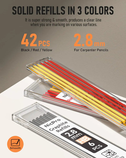 Top Shelf Mechanical Carpenter Pencils With 16 Hefty Tips And Deep Hole Markers Plus 42 Bright Lead Refills showing 42 colorful refills in box.