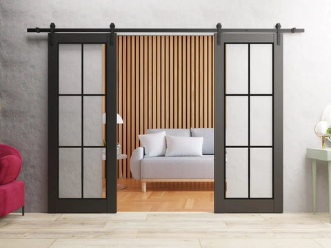 Sturdy Double Barn Door With Clear Glass In Matte Black Finish, Heavy Duty Sliding Door Set With 13Ft Rail And Hangers, Two 30x96 Panels For A 60x96 Opening, Interior Solid Panel Look With Glass Accent, Hardware Kit Included, Ready To Install