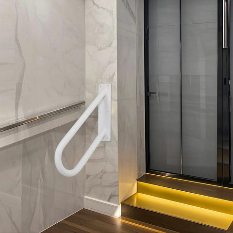 18 Inch Tough As Nails Metal Outdoor Handrail U Shaped White Powder Coated Wall Mount Stair Railing With Non Slip Grip installed in modern hallway.