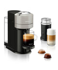 Vertuo Next Single Serve Coffee And Espresso Maker With Aeroccino Milk Frother, gray, front view with coffee pod and frother.