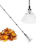 Adjustable Metal Leaf Rake With Telescoping Handle For Lawn And Garden Cleanup lightweight yet heavy duty yard rake for grass leaves and shrubs reaches from 17.7 to 83.5 inches and is great for adults women and kids shown with pile of autumn leaves
