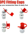 Close-up of 20PC fitting caps from All In One 70 Pcs Grease Fittings Kit With SAE And Metric Zerk Nipples, red caps attached to fittings.