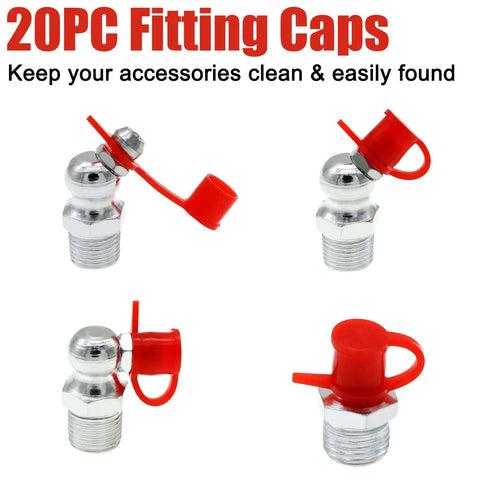 Close-up of 20PC fitting caps from All In One 70 Pcs Grease Fittings Kit With SAE And Metric Zerk Nipples, red caps attached to fittings.