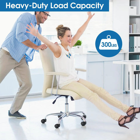 Person enjoying smooth ride on heavy duty office chair caster wheels with 300 lbs load capacity for safe and easy movement on floors.